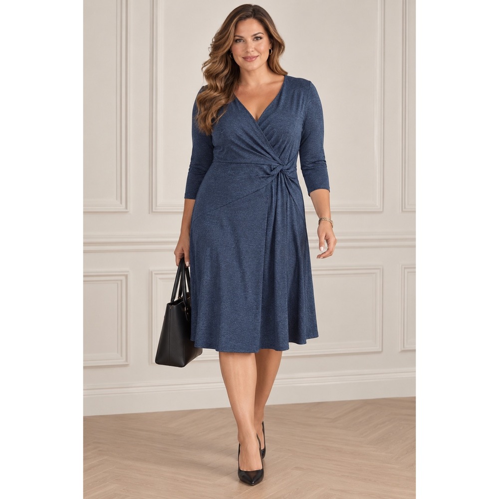CHICO'S Travelers Faux Wrap Dress L Career Office Minimalist Travel Navy Heather